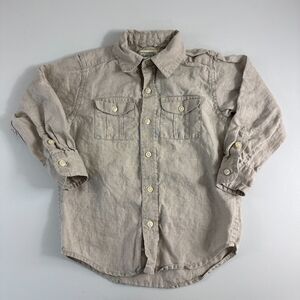 The Children's Place Boys 100% Linen Button Front Shirt Beige Tan L/S Size 4 XS